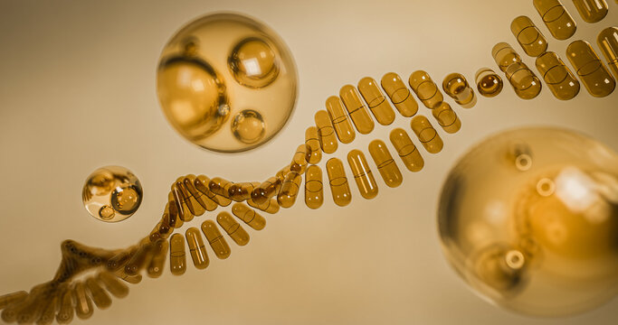 Captivating image showcasing a futuristic and abstract representation of capsules, arranged in a twisting, DNA-like structure. Three large amber spheres, containing reflections of the surrounding caps