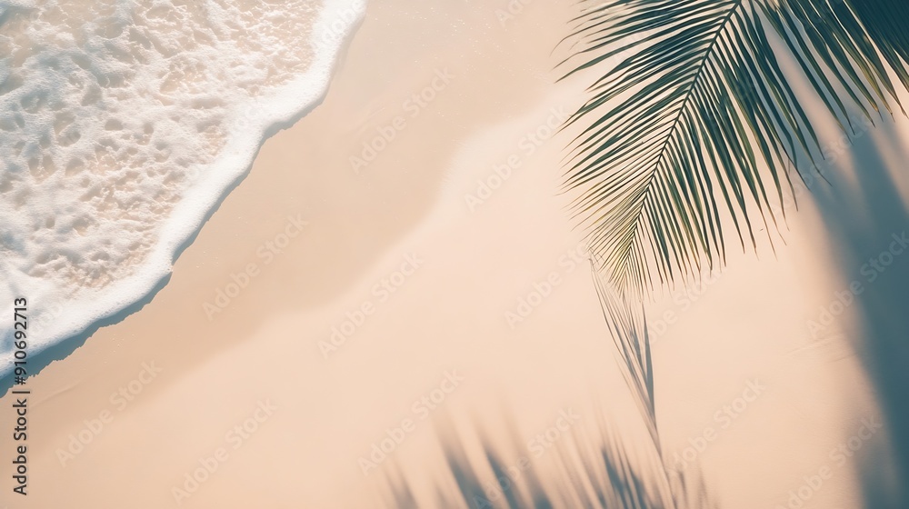 Aufkleber empty abstract sand beach with palm leaf shadow and transparent water wave from above blank background banner for travel vacation and wellbeing with copy space : Generative AI