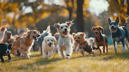 Dog park group of dogs of different breed playing together Dog socialization concept : Generative AI