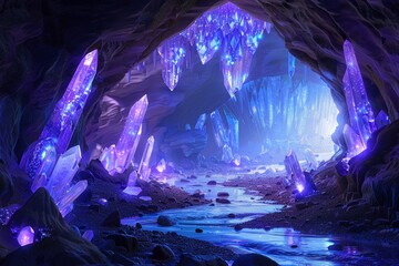 A breathtaking view of an ethereal cave illuminated by luminous purple crystals with a sparkling stream flowing through it