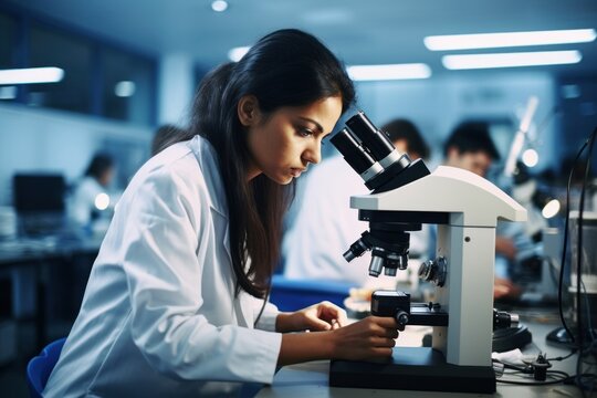 Indian female scientist using microscope adult concentration biotechnology.