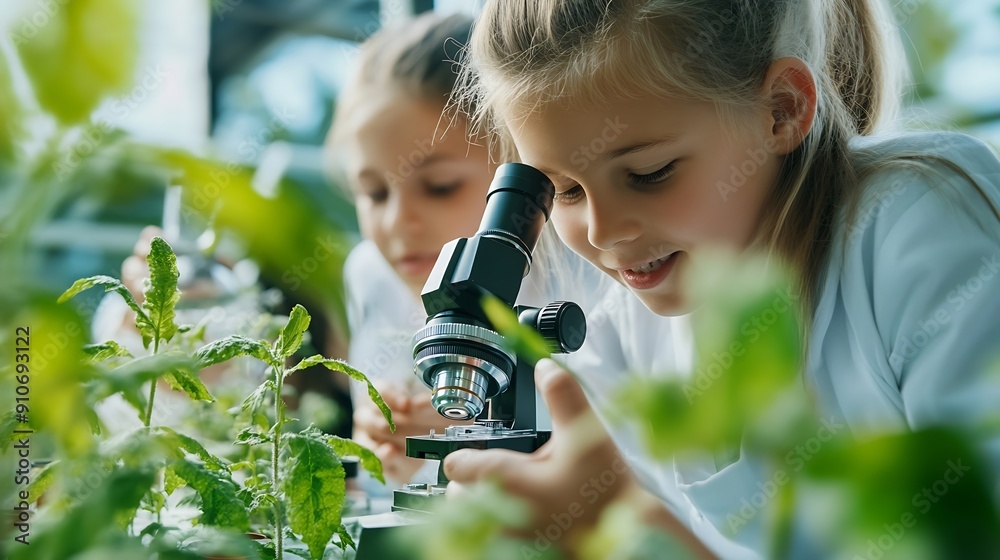 Poster students teacher and school with microscope for plants on education science and environmental awaren