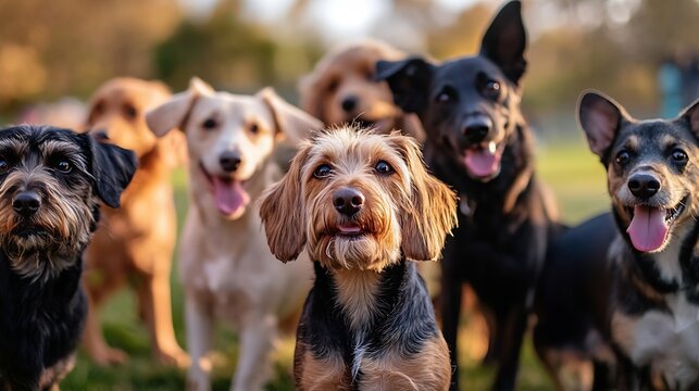 Close up shot of a group of dogs at the walk posing for a photo on a beautiful day Pets walkers service : Generative AI