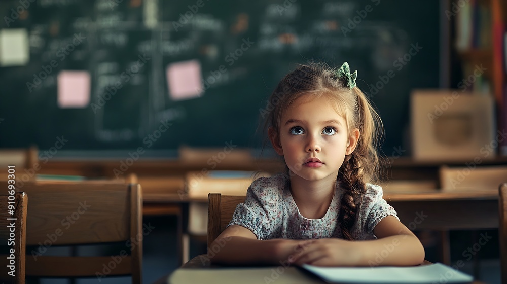 Poster a young girl attentively sits at a desk in front of a blackboard listening to her teachers instructi