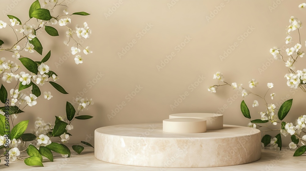 Poster light beige marble stone podium stand for cosmetics and product display on abstract beige background