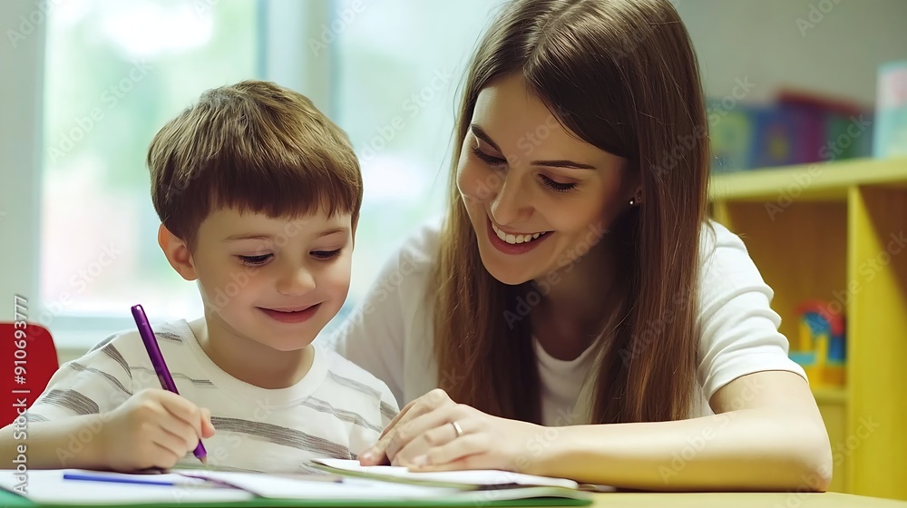 Poster Teacher woman and help child writing in notebook for education study or knowledge in class Kid happy educator and student learning in lesson for development or assistance at kindergart : Generative AI