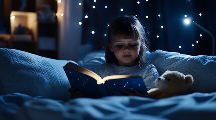 Little girl reading a book in bed Dark bedroom with night light projecting stars on room ceiling Kids nursery and bedding Children read before bedtime Toddler child playing with lamp a : Generative AI