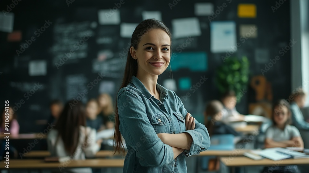 Poster portrait of cheerful european female teacher standing in classroom during lesson with pupils studyin