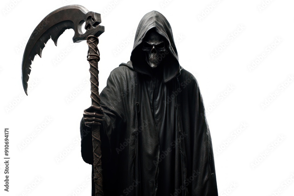 Poster grim reaper costume weapon white background.