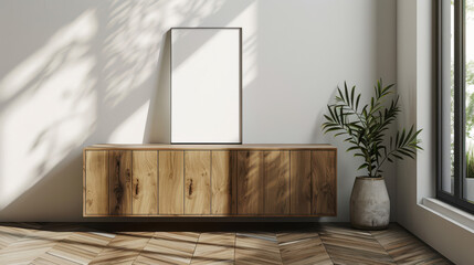 A blank white frame leaning against a modern wooden cabinet, soft shadows from sunlight, herringbone patterned floor