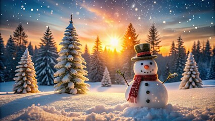 Fototapeta premium Snowman in a winter wonderland with snow, pine trees, and warm light, snowman, winter, Christmas, scene, snow, pine trees