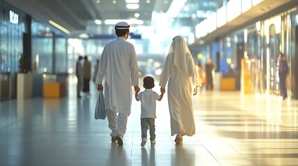 Arab Emirati family walking together at indoor shopping mall station or airport concept Arabic father mother and son bonding ideal for Middle Eastern people concept : Generative AI