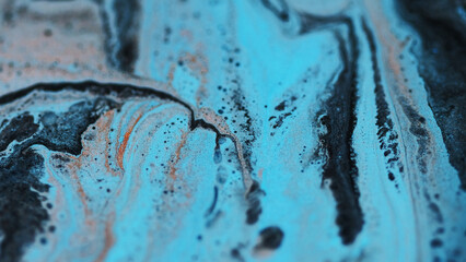 Glitter emulsion sparkling background. Blue sand pink gold azure black shimmering paint particles...