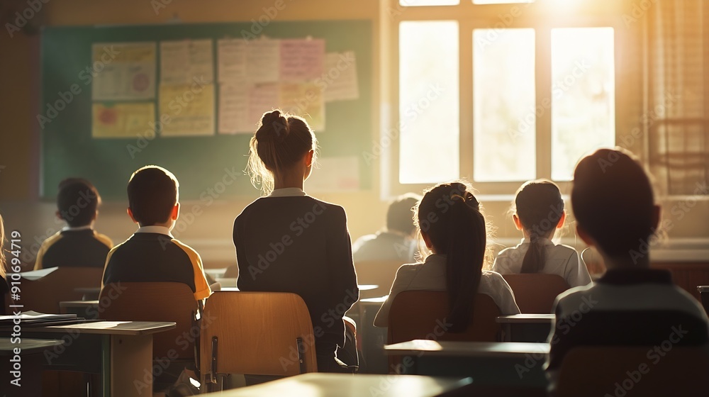 Aufkleber Teacher and students Learn and study in a classroom of school where youngsters sit and listen attentively : Generative AI