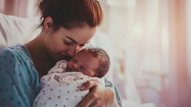 Mother and newborn Child birth in maternity hospital Young mom hugging her newborn baby after delivery Woman giving birth First moments of baby life after labor : Generative AI