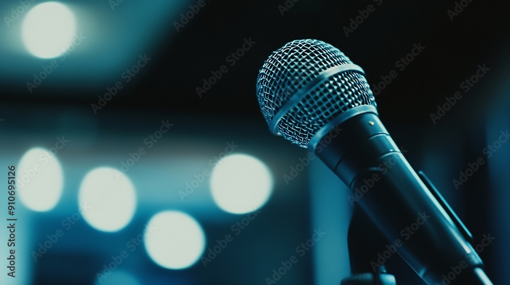 Aufkleber close up microphone with presentation slide show on projector screen background in meeting room : ge
