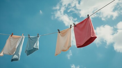Clean clothes hanging on washing line against sky Drying laundry : Generative AI