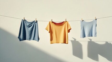 Different clothes drying on laundry line against light background : Generative AI