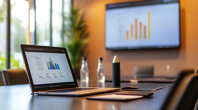 Slide show presentation on display laptop and television in meeting room : Generative AI