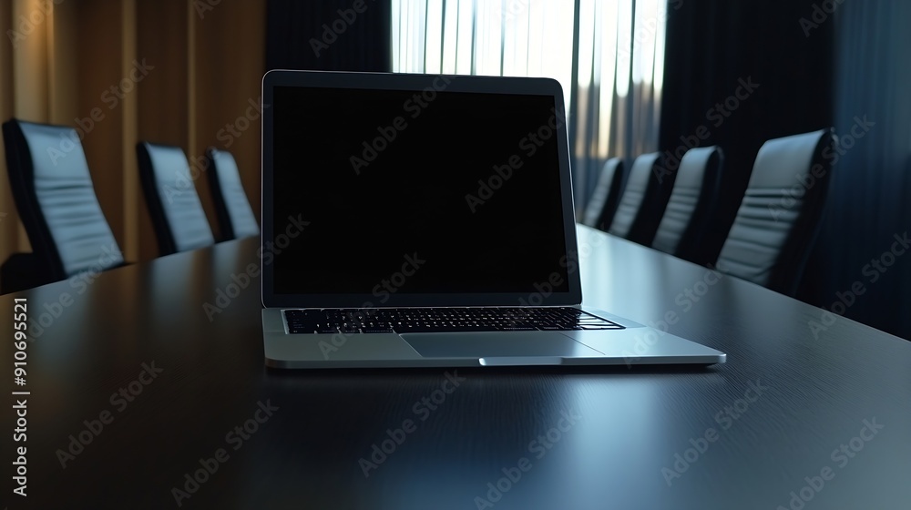 Poster laptop display blank on table in meeting room : generative ai