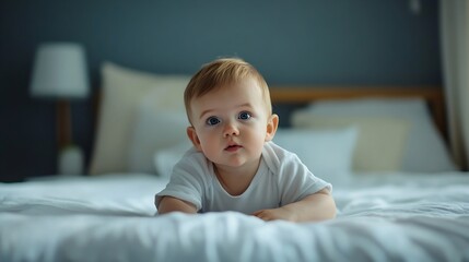 Baby portrait and kid on bed with relax for wellness child development or comfortable in bedroom Young newborn and infant boy in nursery for curiosity growth or morning routine in home : Generative AI