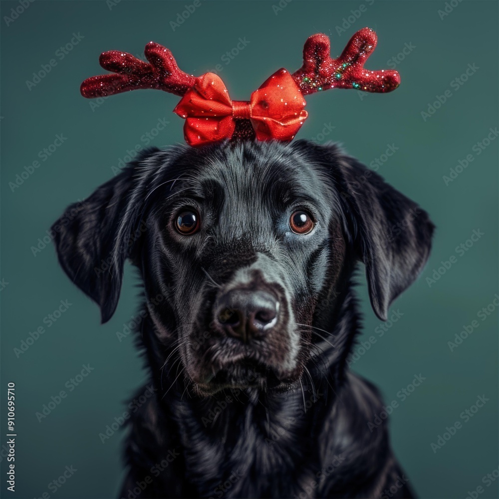 Poster A black Labrador Retriever wearing reindeer antlers. AI.