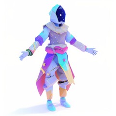 3D Render, Low Poly style of cosmic NPC with a constellation-themed outfit and cosmic tattoos, on isolated white background, Generative AI