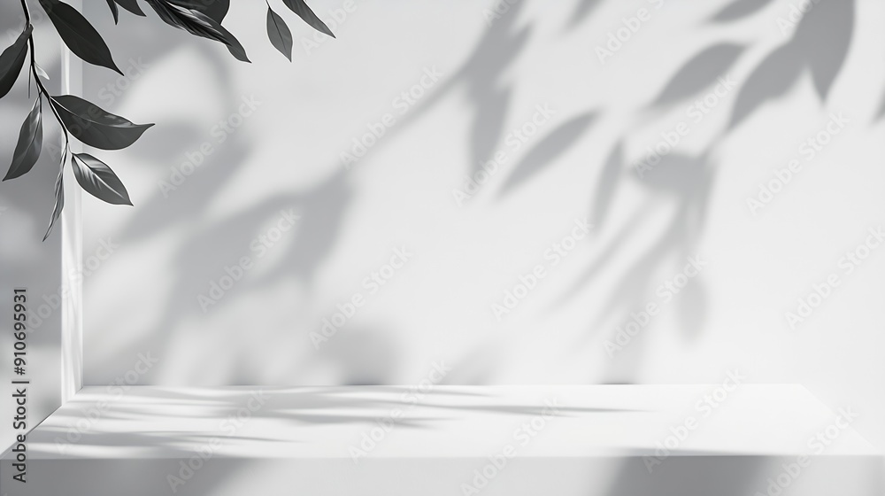 Aufkleber Minimal Empty white room studio background  Scene with natural leaves shadow forms Empty showcase for cosmetic product presentation : Generative AI