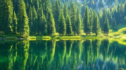 Obraz premium mirror lake with trees in pyrenes : Generative AI