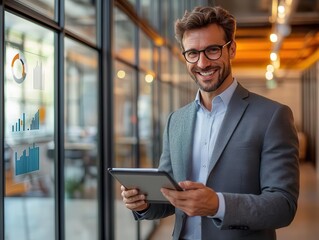 The business consultant showcased data on a sleek tablet, interacting with clients in a modern, glass-walled office, emitting a professional yet welcoming atmosphere.