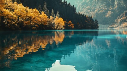 Jiuzhaigou Sichuan China  October 12 2023 A World Natural Heritage site featuring Mirror Lake known for its crystalclear mirrorlike waters : Generative AI
