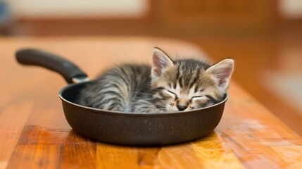 Fototapeta premium Adorable Kitten Sleeping in a Frying Pan