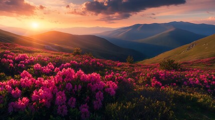 Attractive field of flowering rhododendrons at sunset Location place Carpathian mountains National Park Chornohora range Ukraine Europe Awesome photo wallpaper Discover the beauty of e : Generative AI
