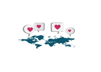 いいねアイコンと世界地図のイラスト