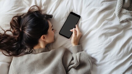Woman lying with smart phone on bed at home : Generative AI