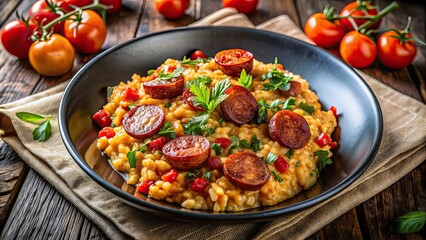 Chorizo risotto with tomato, a flavorful and colorful dish perfect for food photography , chorizo, risotto, tomato