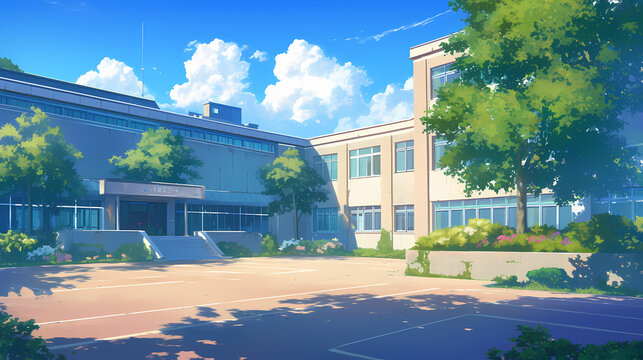anime scene a school building in a sunny day