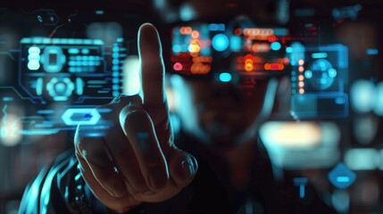 Fototapeta premium Progress bar loading. Man with futuristic tablet in hand. Guy using VR glasses. Augmented reality, future technology concept. Futuristic holographic loading interface.