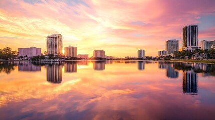 Fototapeta premium Sunset reflecting off of Mirror Lake in downtown St Petersburg Florida : Generative AI