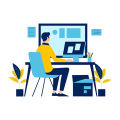 Flat Design Illustration of Man Entrepreneur Working with Computer at Office