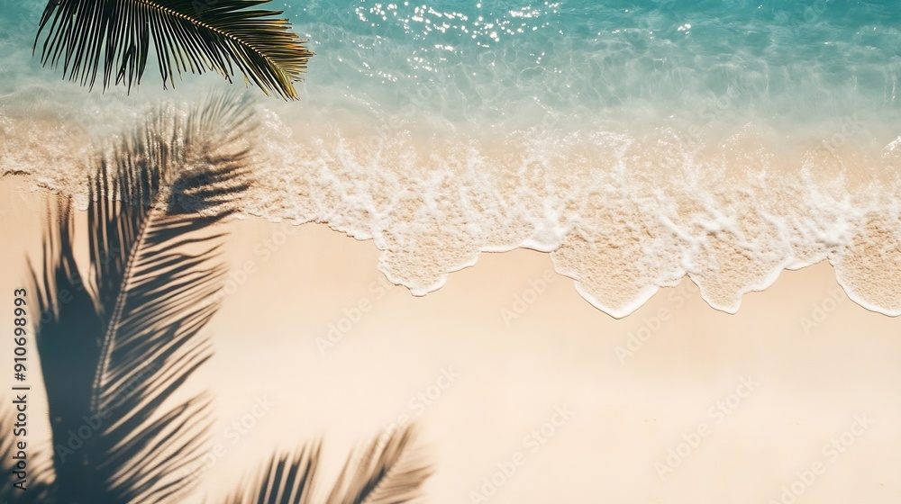Poster empty abstract sand beach with palm leaf shadow and transparent water wave from above blank background banner for travel vacation and wellbeing with copy space : Generative AI