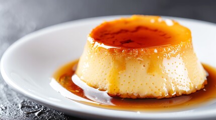 Mexican flan with a bitter caramel sauce, elegant dessert plating Creamy and rich, unique flavor twist, gourmet presentation, Mexican dessert