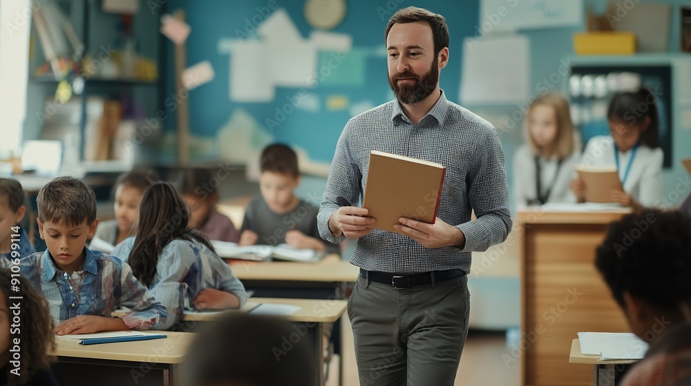Poster primary school teacher walking in classroom while multiethnic students studying male teacher holding