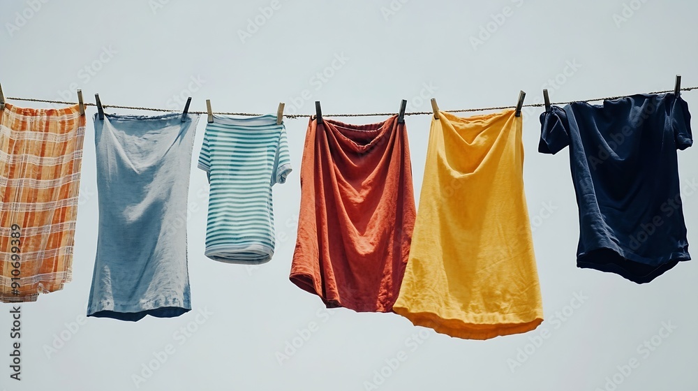 Wall mural Different clothes drying on laundry line against light background : Generative AI