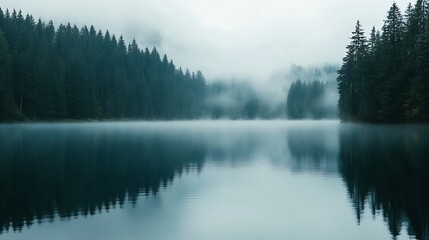 Fototapeta premium Picturesque scenery of the forest lake in a thick white fog Reflections on the water Dark atmospheric landscape Fall season Nature ecology environmental conservation eco tourism : Generative AI