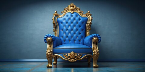 Fototapeta premium Blue throne with intricate golden design accents, royalty, luxury, regal, majestic, elegant, ornate, opulent, grand, golden