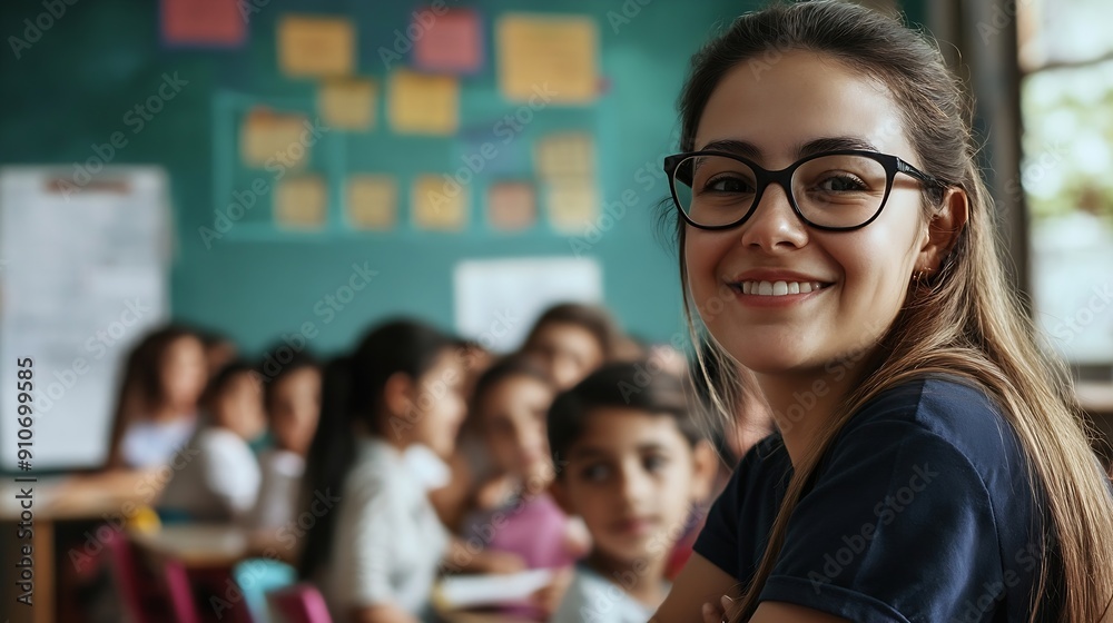 Poster portrait teacher and students in classroom for lesson learning and studying in high school woman smi