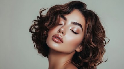 Naklejka premium Beautiful model girl with short wavy hair Beauty smiling woman with curly hairstyle dye Fashion cosmetics and makeup closed eyes : Generative AI