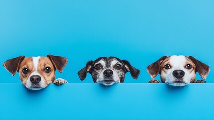 Banner Closeup three hide dogs head Isolated on blue background : Generative AI