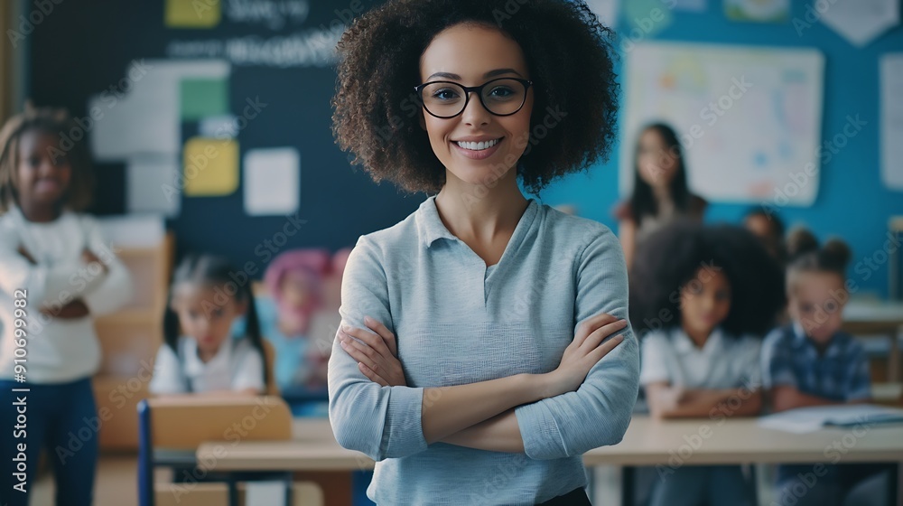 Poster portrait of a beautiful happy young teacher standing in classroom with crossed arms looking at camer